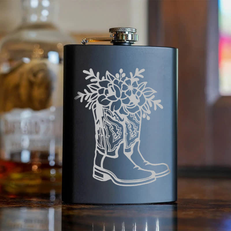 3-8 oz Boots With Flowers Laser Pattern Stainless Steel Portable Flask - image 6