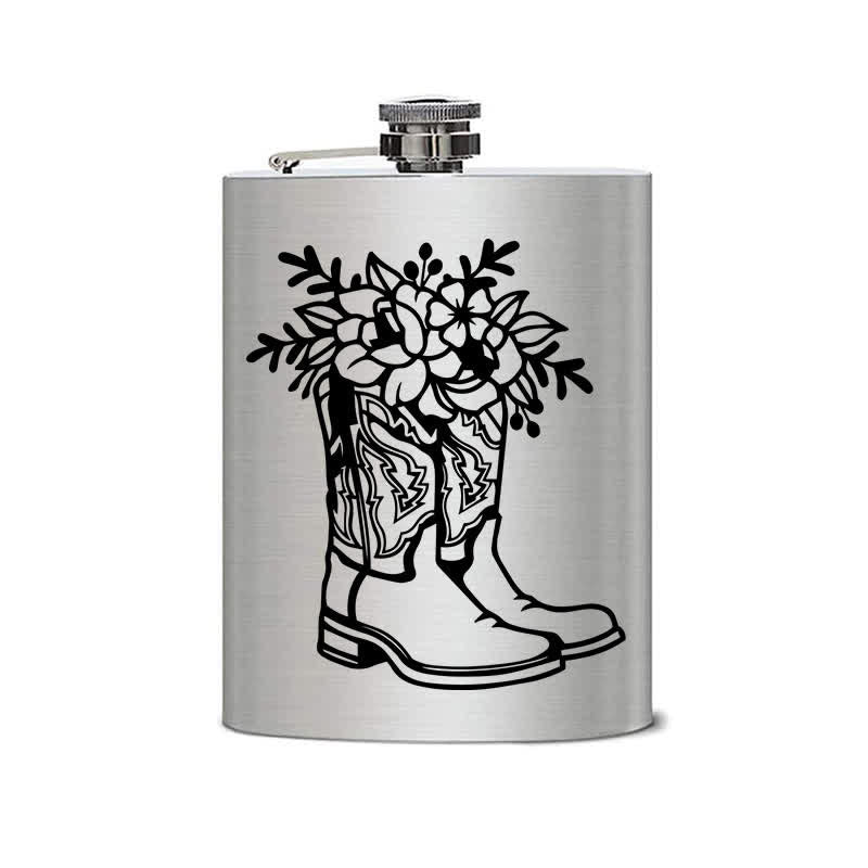 3-8 oz Boots With Flowers Laser Pattern Stainless Steel Portable Flask - image 1