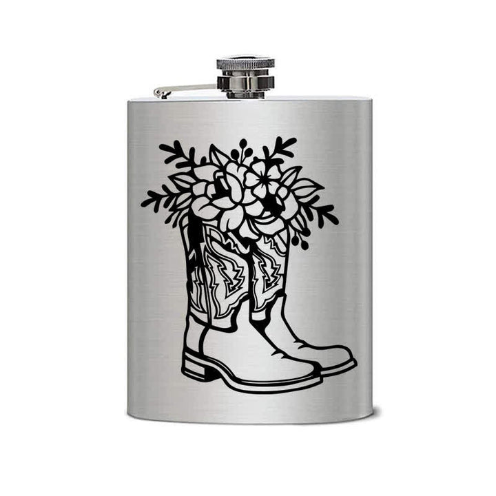 3-8 oz Boots With Flowers Laser Pattern Stainless Steel Portable Flask - image 1