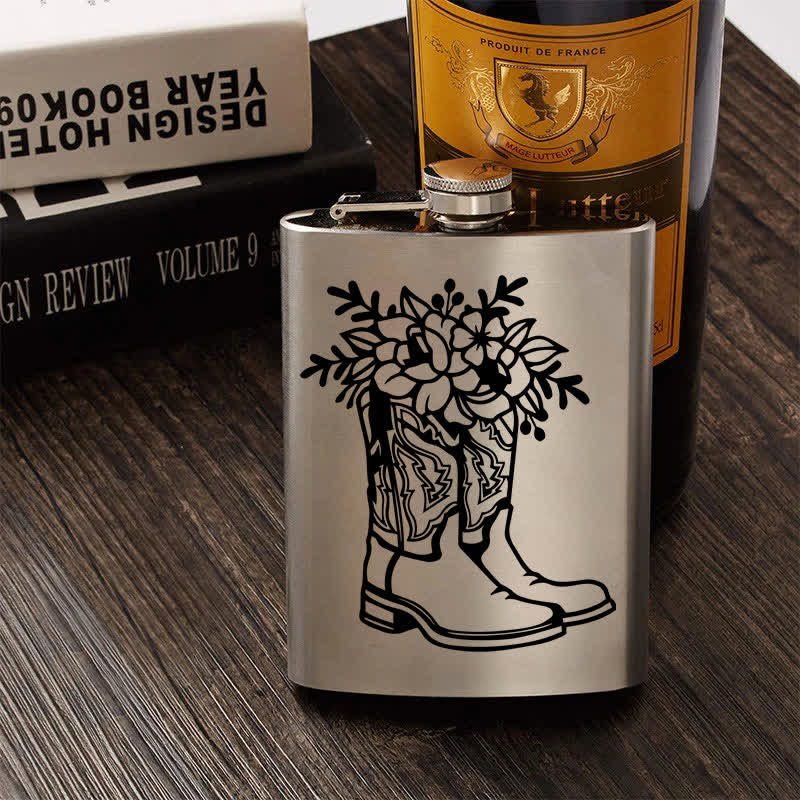 3-8 oz Boots With Flowers Laser Pattern Stainless Steel Portable Flask - image 0