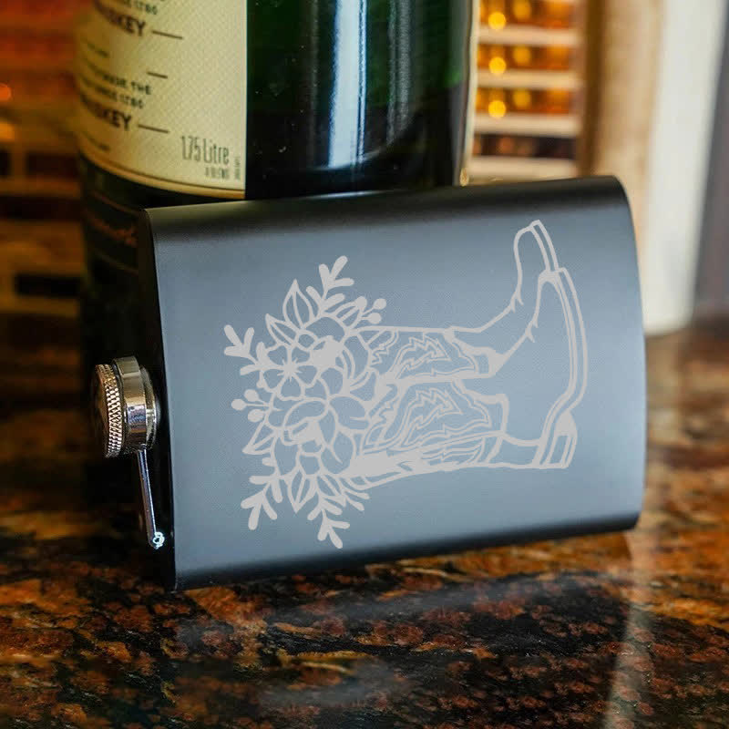 3-8 oz Boots With Flowers Laser Pattern Stainless Steel Portable Flask - image 7