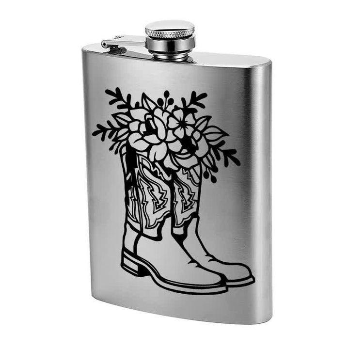3-8 oz Boots With Flowers Laser Pattern Stainless Steel Portable Flask - image 4