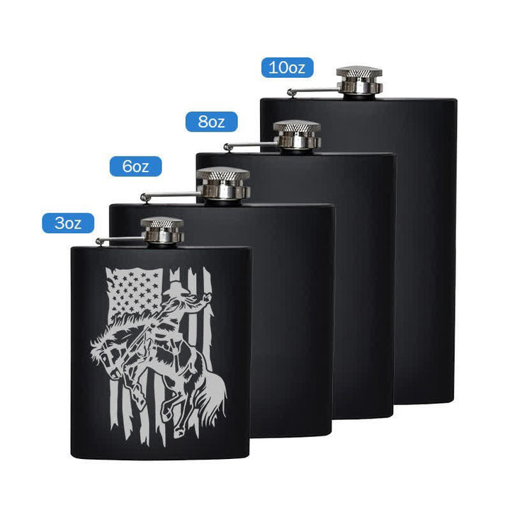 3-8 oz Riding Horse USA Flag Laser Pattern Stainless Steel Portable Flask - Black - 8oz - image 5