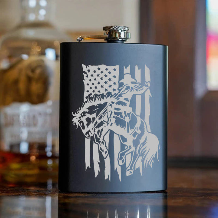 3-8 oz Riding Horse USA Flag Laser Pattern Stainless Steel Portable Flask - image 6