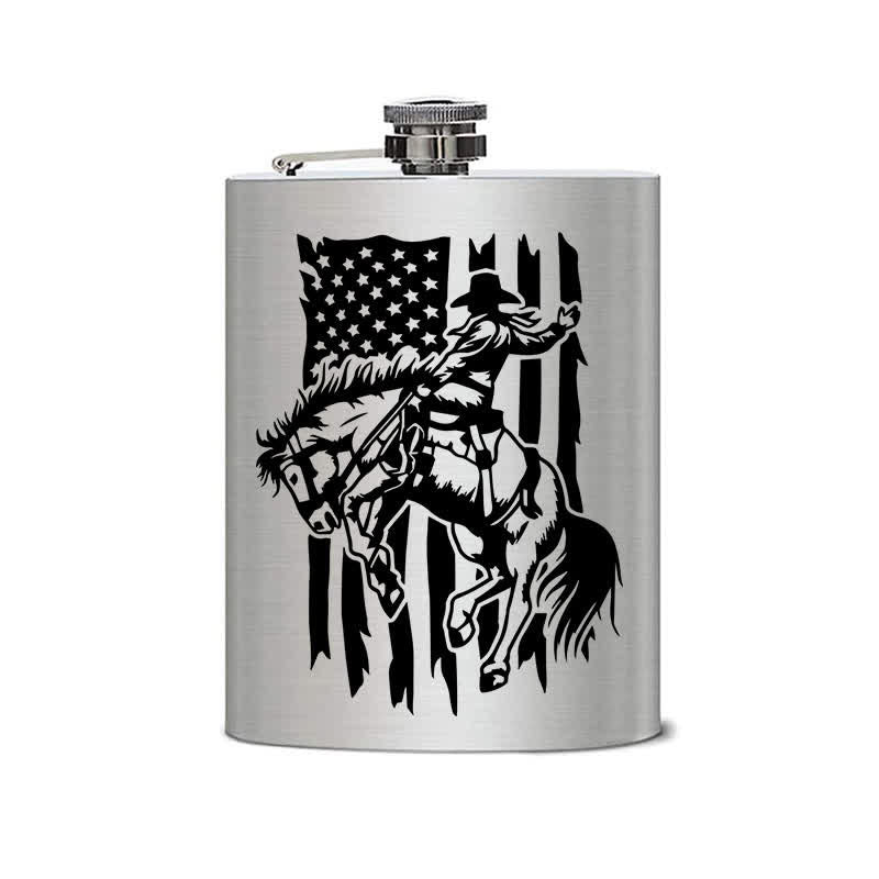 3-8 oz Riding Horse USA Flag Laser Pattern Stainless Steel Portable Flask - image 1
