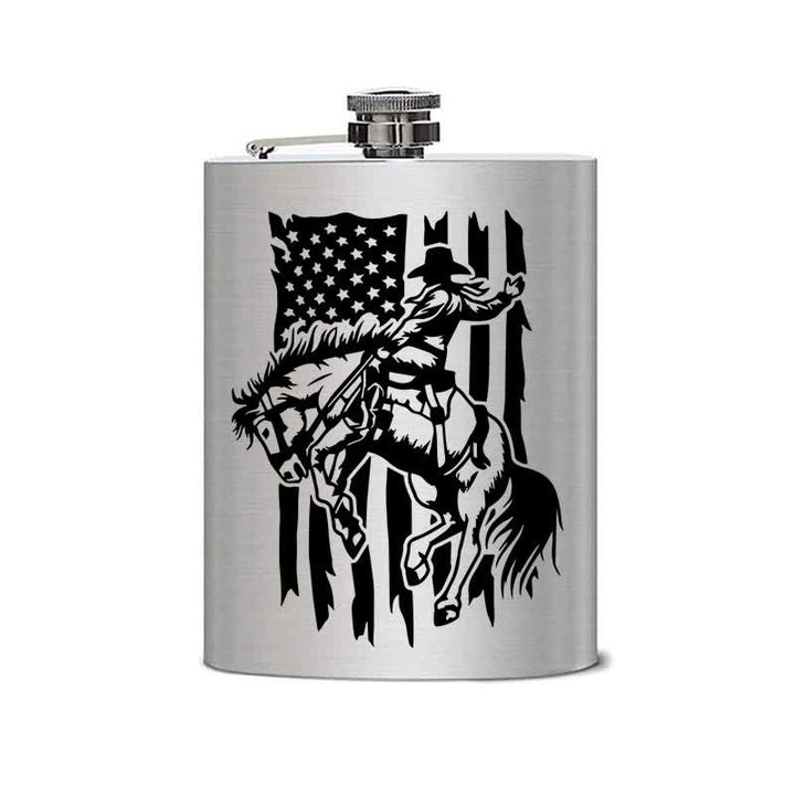 3-8 oz Riding Horse USA Flag Laser Pattern Stainless Steel Portable Flask - image 1