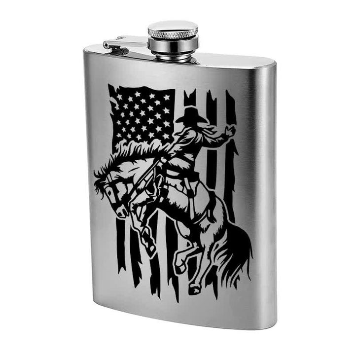 2-10 oz Riding Horse USA Flag Laser Pattern Stainless Steel Portable Flask