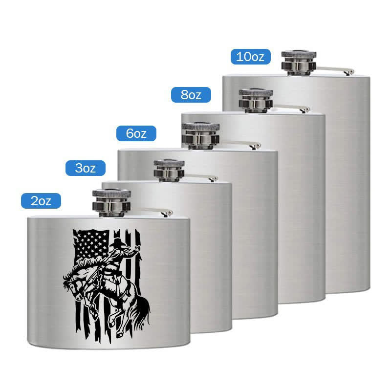 3-8 oz Riding Horse USA Flag Laser Pattern Stainless Steel Portable Flask - Silver - 8oz - image 2