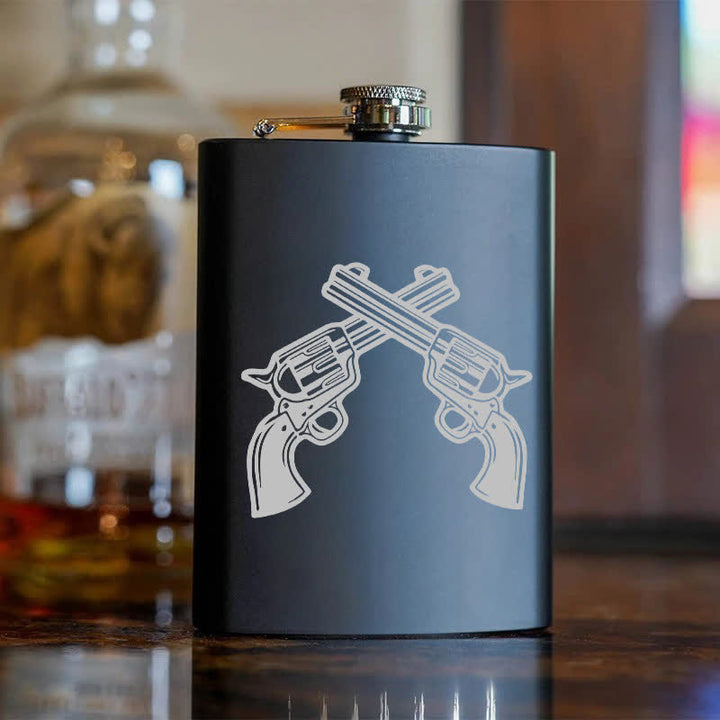 3-8 oz Crossed Pistols Laser Pattern Stainless Steel Portable Flask - image 6