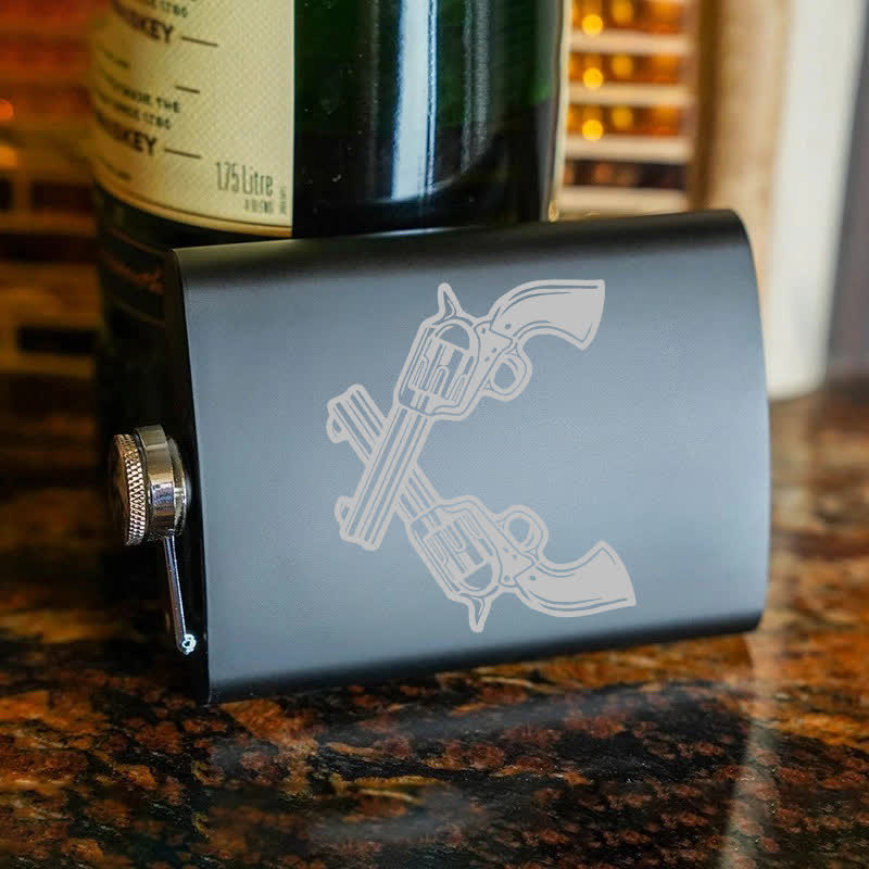 3-8 oz Crossed Pistols Laser Pattern Stainless Steel Portable Flask - image 7