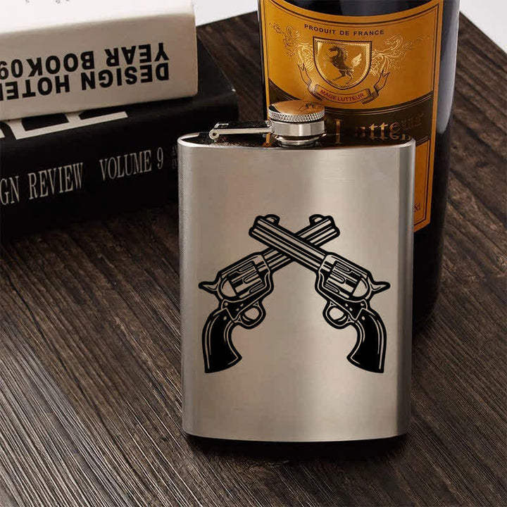3-8 oz Crossed Pistols Laser Pattern Stainless Steel Portable Flask - image 0