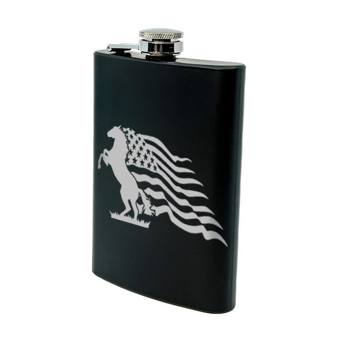 2-10 oz Horse USA Flag Laser Pattern Stainless Steel Portable Flask