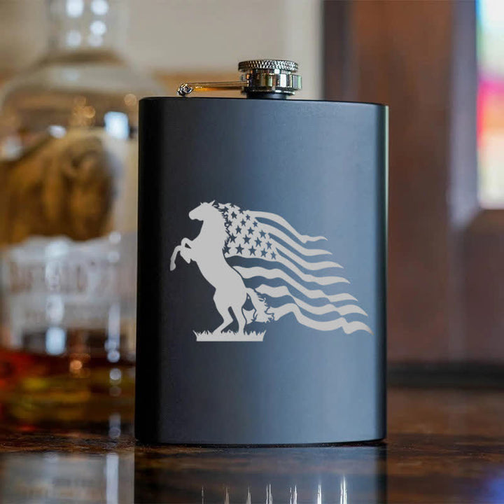 2-10 oz Horse USA Flag Laser Pattern Stainless Steel Portable Flask