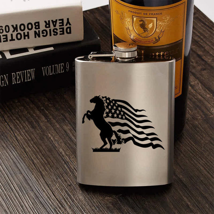 2-10 oz Horse USA Flag Laser Pattern Stainless Steel Portable Flask