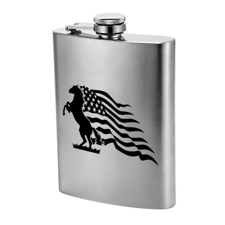 2-10 oz Horse USA Flag Laser Pattern Stainless Steel Portable Flask