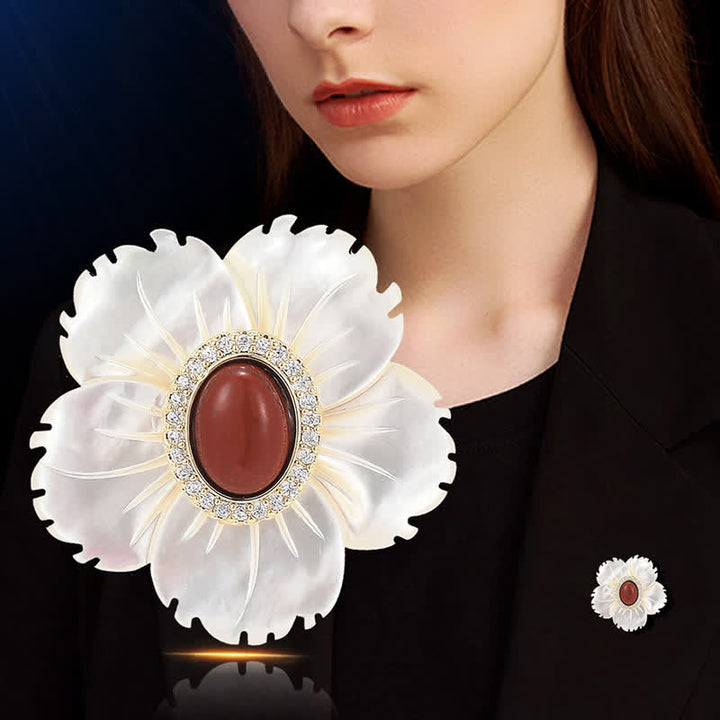 Women's White Natural Shell Flower Red Agate Brooch