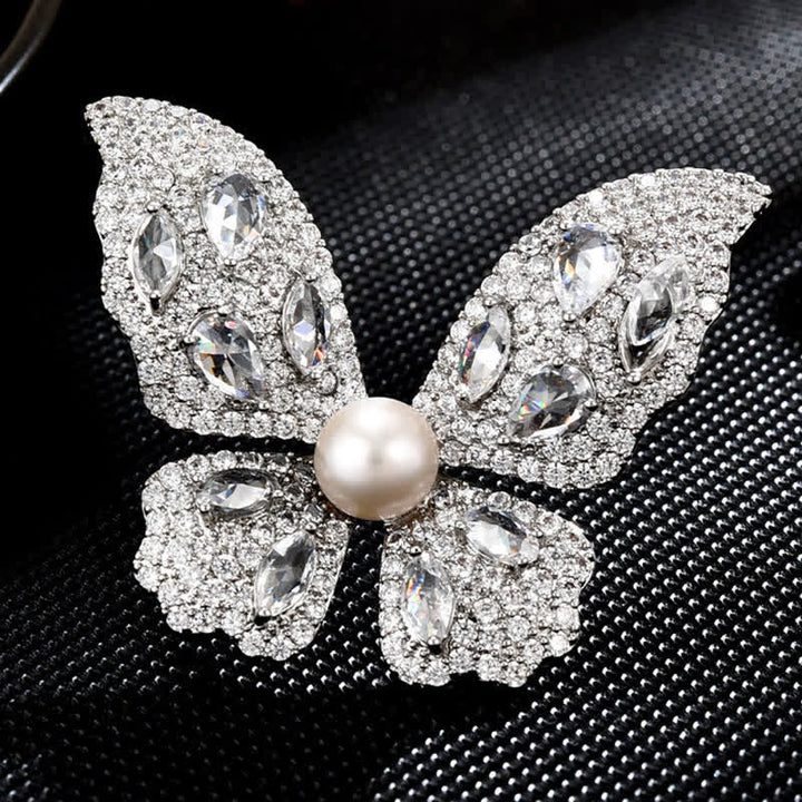 Women's Sparkling Zircon Pearl Butterfly Brooch