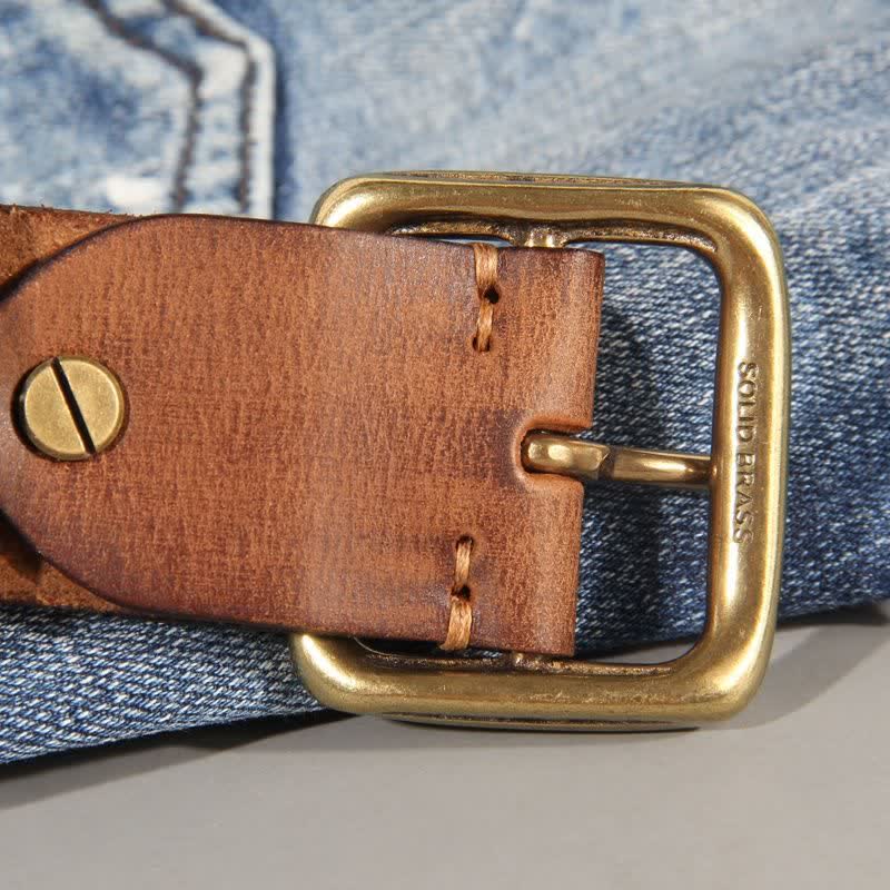 Simple Chic Vintage Brass Square Buckle Leather Belt