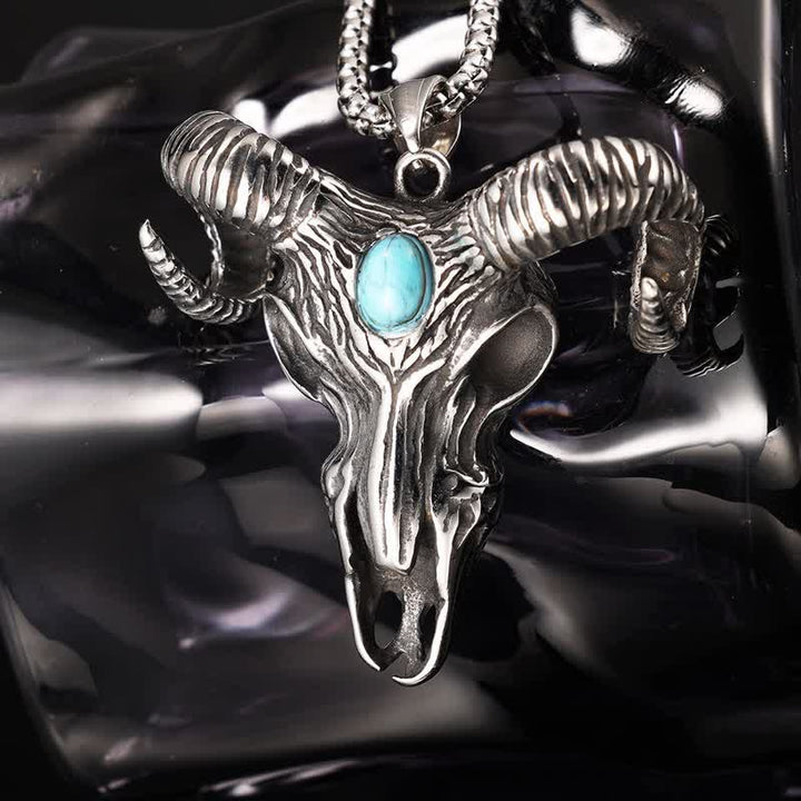 Blue Turquoise Ram Horn Head Pendant Necklace