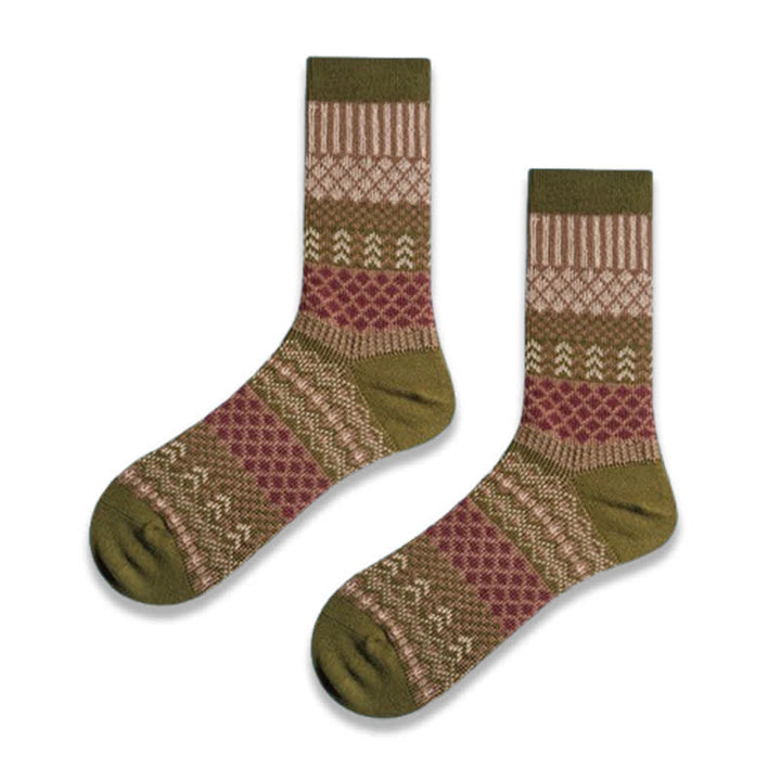 Retro Diamond Ethnic Design Cotton Crew Socks