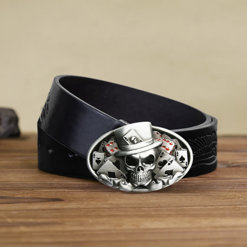 Men's DIY Skull Poker Dice Oval Buckle Leather Belt