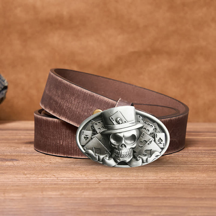 Men's DIY Skull Poker Dice Oval Buckle Leather Belt