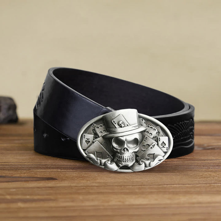 Men's DIY Skull Poker Dice Oval Buckle Leather Belt