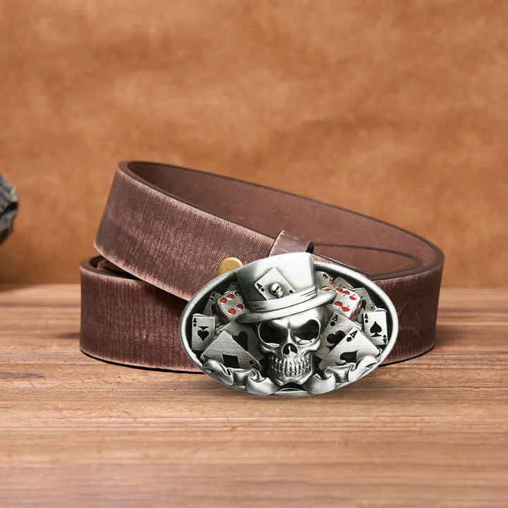 Men's DIY Skull Poker Dice Oval Buckle Leather Belt