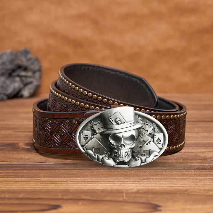 Men's DIY Skull Poker Dice Oval Buckle Leather Belt