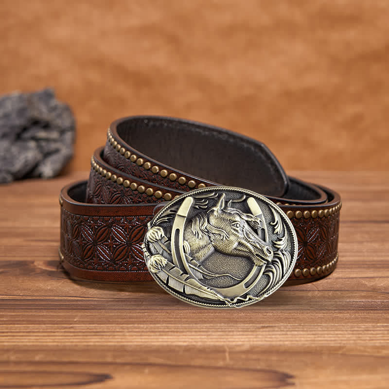 Men's DIY Bronze Horse Horseshoe Buckle Leather Belt