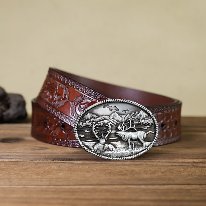 Men's DIY Wildlife Deers Western Style Buckle Leather Belt