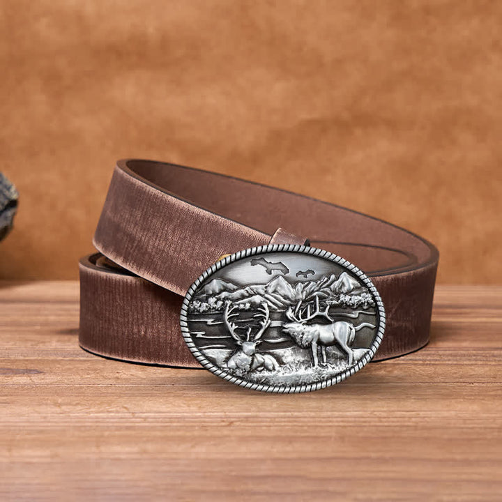 Men's DIY Wildlife Deers Western Style Buckle Leather Belt