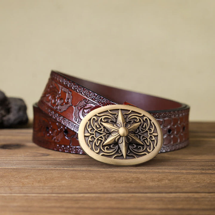 Men's DIY Solid Brass Hexagram Star Buckle Leather Belt