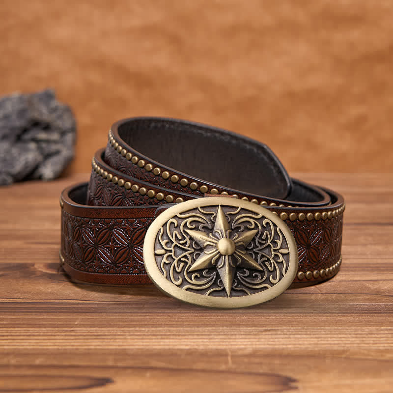 Men's DIY Solid Brass Hexagram Star Buckle Leather Belt