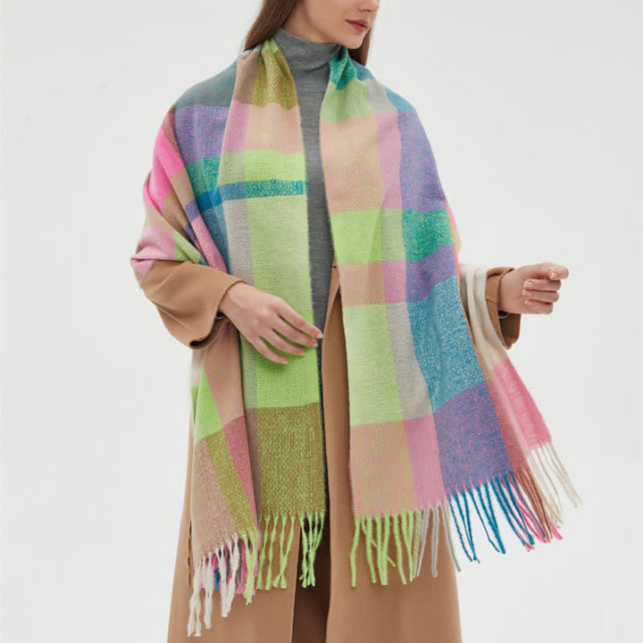 Unisex Rainbow Plaid Thickened Winter Fringe Scarf