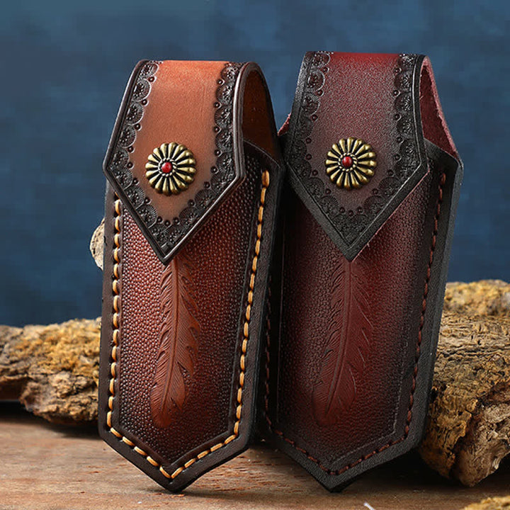 Flip Cover Feather Embossing Folding Knife Sheath Leather Belt Bag