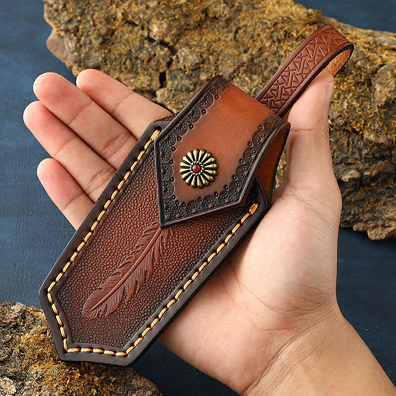 Flip Cover Feather Embossing Folding Knife Sheath Leather Belt Bag