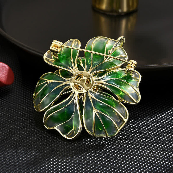 Women's Green Peony Gold Plated Enamel Brooch