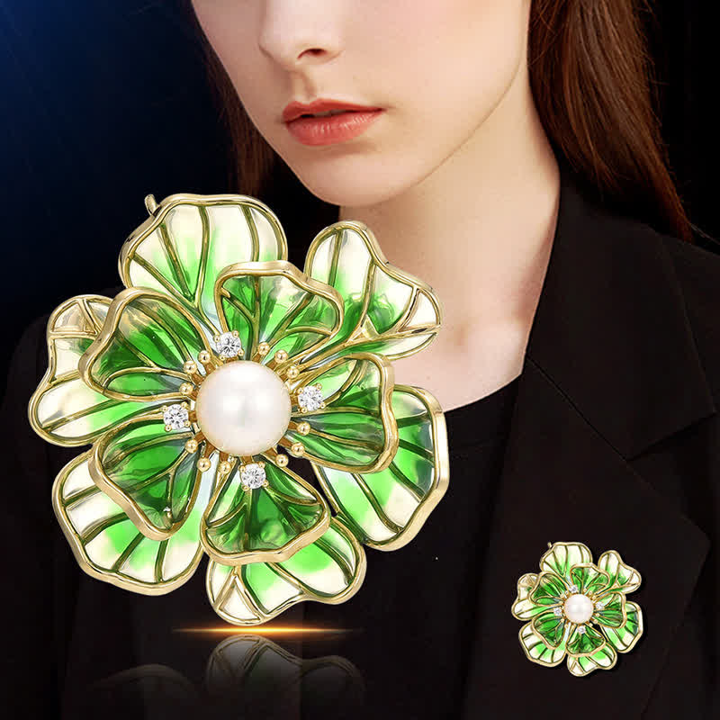 Women's Green Peony Gold Plated Enamel Brooch