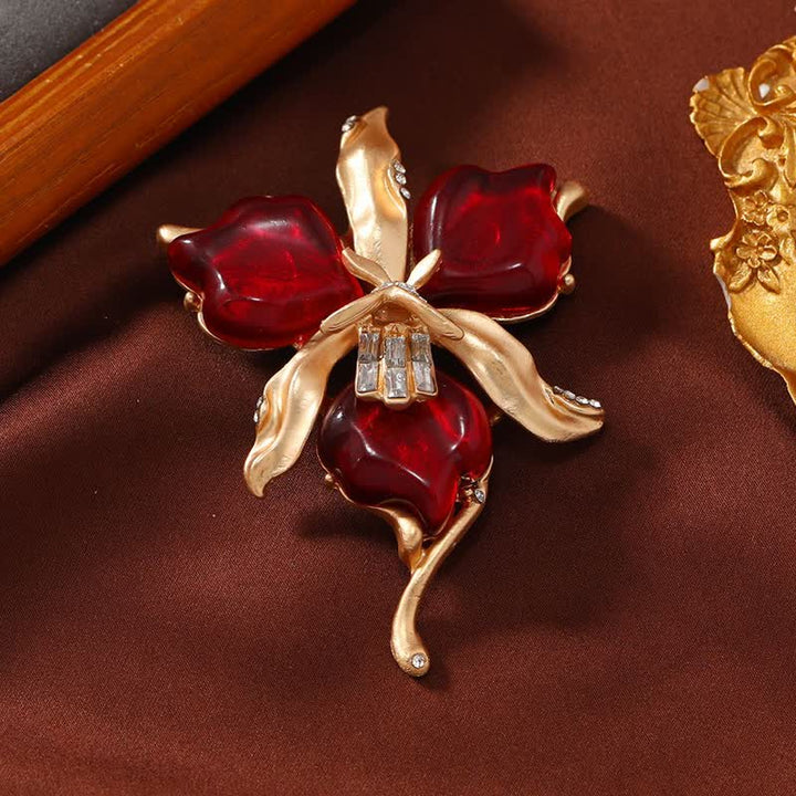 Women's Metallic Brass Orchid Resin Petal Flower Brooch