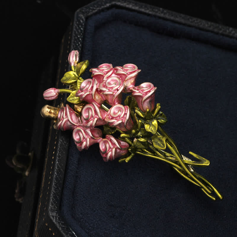 Women's Cute Pink & Green Rose Bouquet Brooch