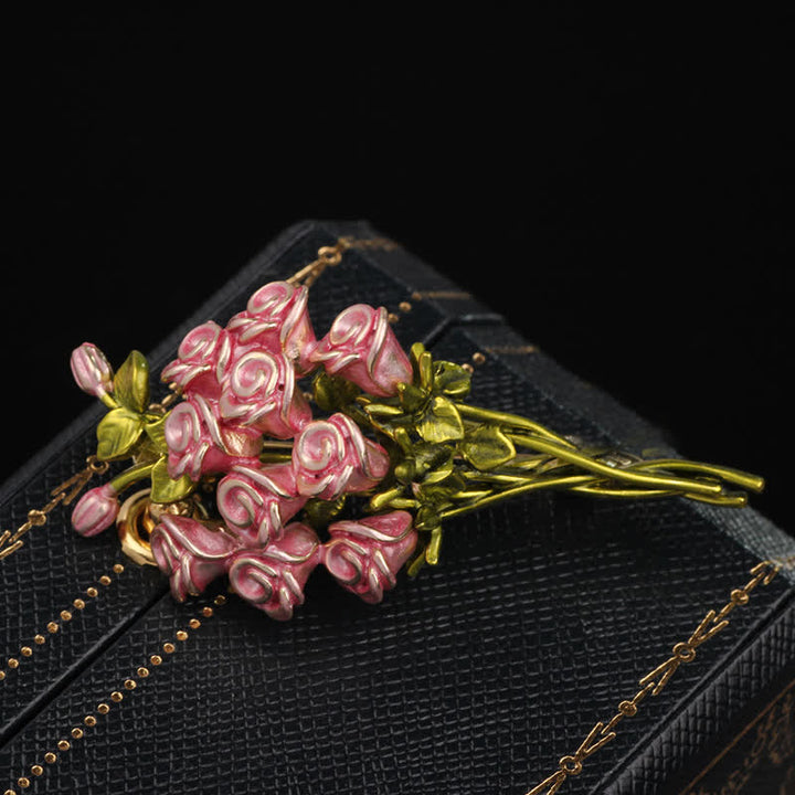 Women's Cute Pink & Green Rose Bouquet Brooch