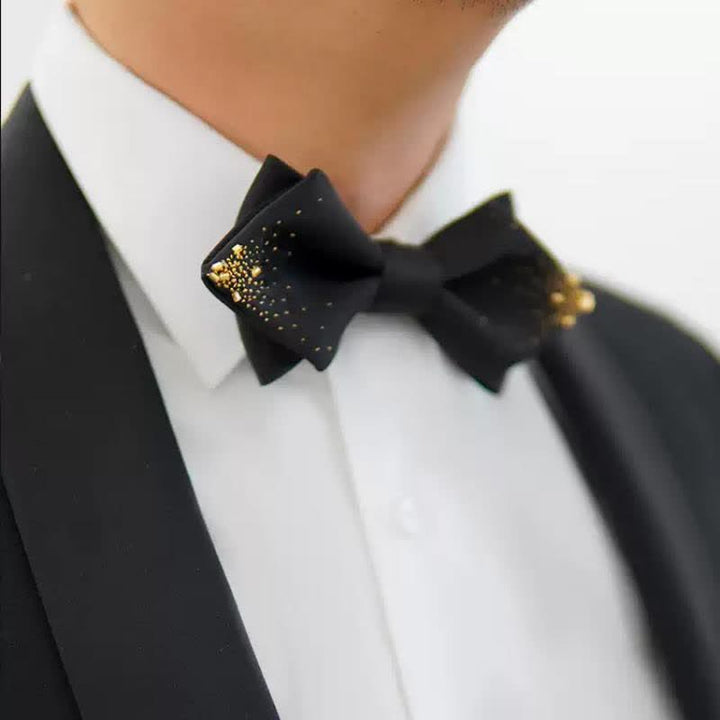 Men's Black Gold Wire Double Layers Pointy Bow Tie