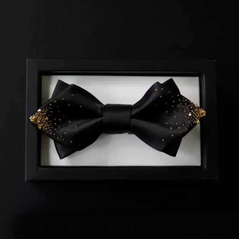 Men's Black Gold Wire Double Layers Pointy Bow Tie