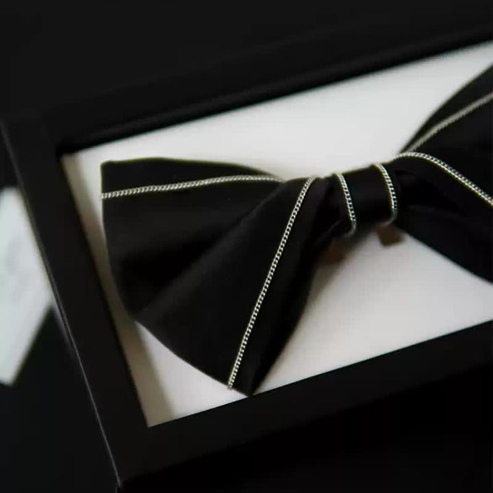 Men's Silver Accents Chain Solid Black Bow Tie