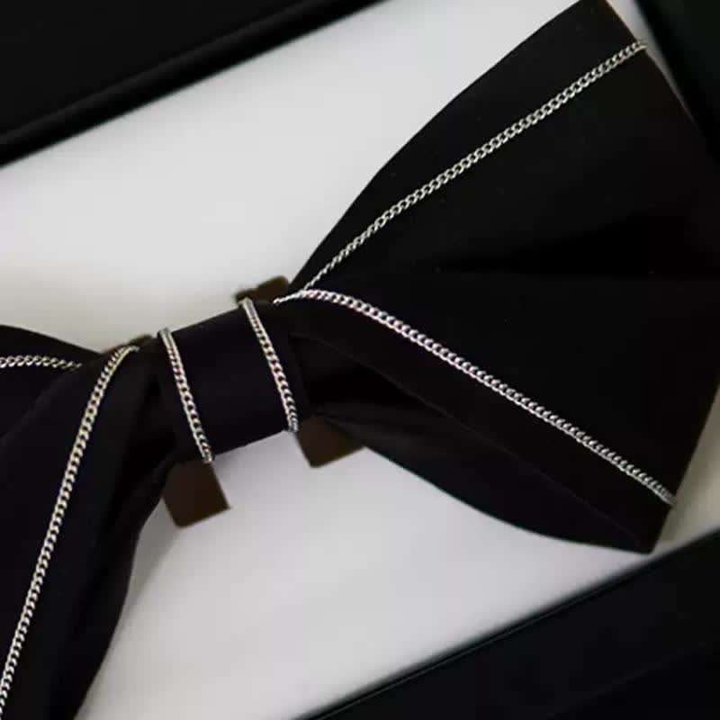 Men's Silver Accents Chain Solid Black Bow Tie