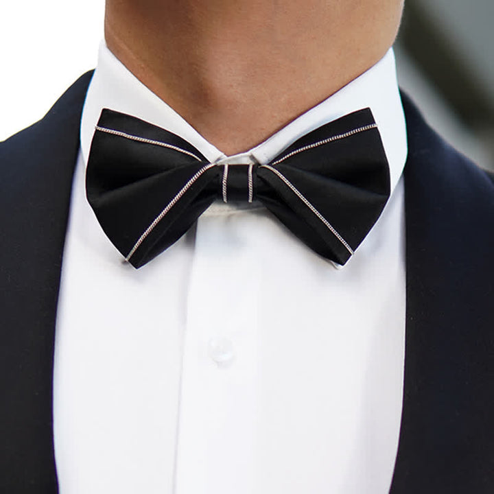 Men's Silver Accents Chain Solid Black Bow Tie