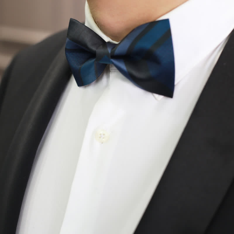 Men's Noble Navy SteelBlue Striped Pattern Bow Tie