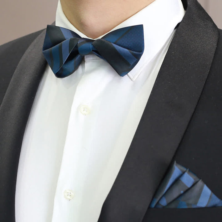 Men's Noble Navy SteelBlue Striped Pattern Bow Tie - Style #2 - Bow Tie & Pocket Square - image 6