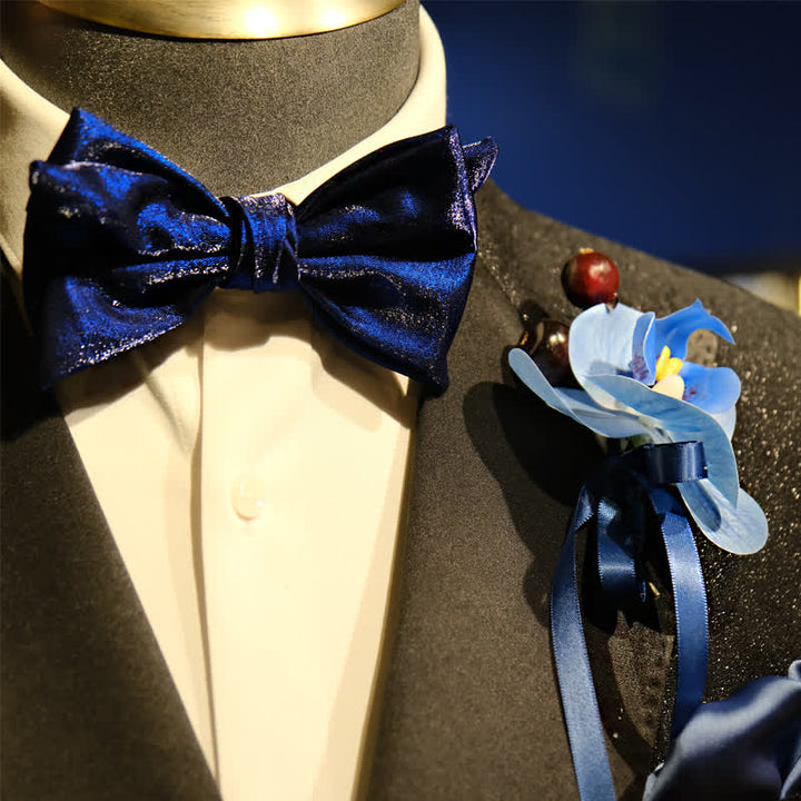 3Pcs Men's Blue Phalaenopsis Brooch Handkerchief Fishtail Bow Tie Set